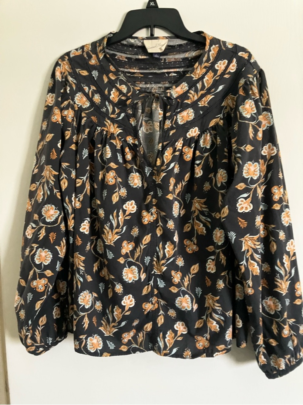 Universal Thread Black Floral Blouse Boho Peasant Top Long Sleeve Size XL